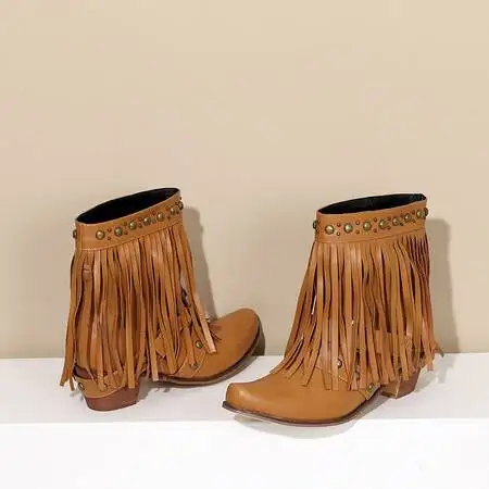 Western Cowboy Tassel Fringes Boots For Women 2024 Slip On Square Heels Cowgirl Riding Retro Women's Ankle Shoes