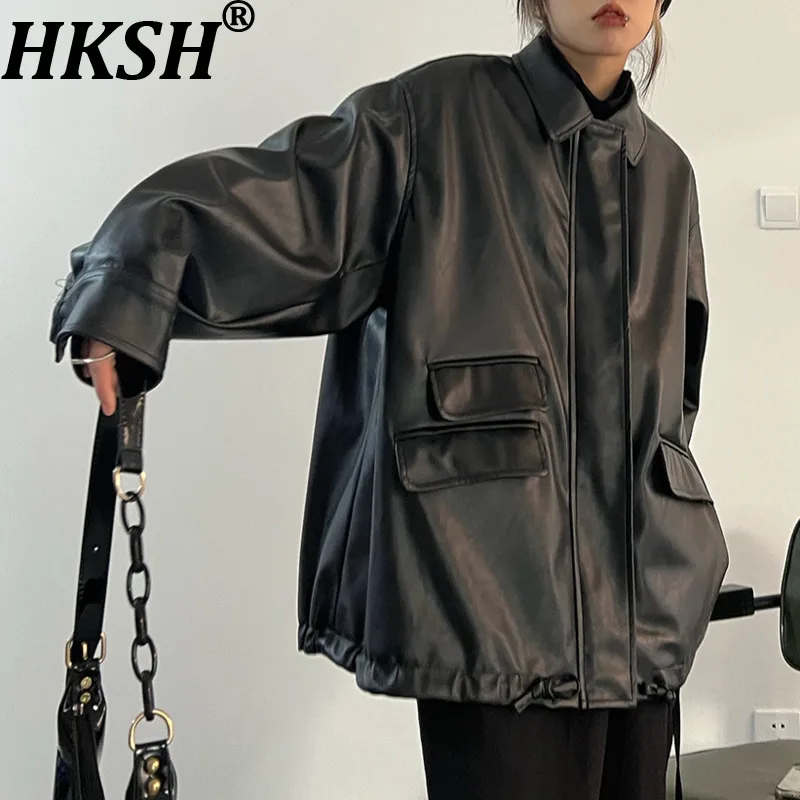 

HKSH весна осень новая женская куртка из искусственной кожи на молнии с отложным воротником и карманами уличная одежда в стиле панк повседневные мотоциклетные пальто HK14434