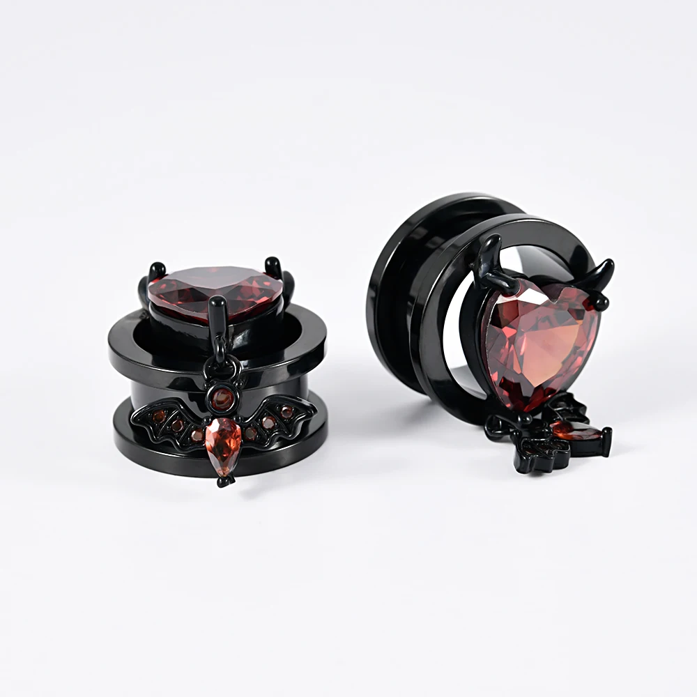 1PC Stainless Steel Round Ear Expanders Gauges Red  Zircon Demon Bat Ear Plugs Tunnels Body Piercing Jewelry 8-16mm