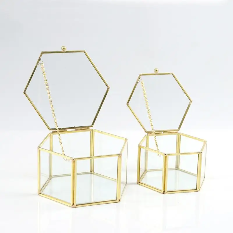 Sechseckige Ringbox Gold und Schmuckzubehörbox Goldene Glas Luxuriöse und Retro Schmuckaufbewahrungsbox – Detail 7