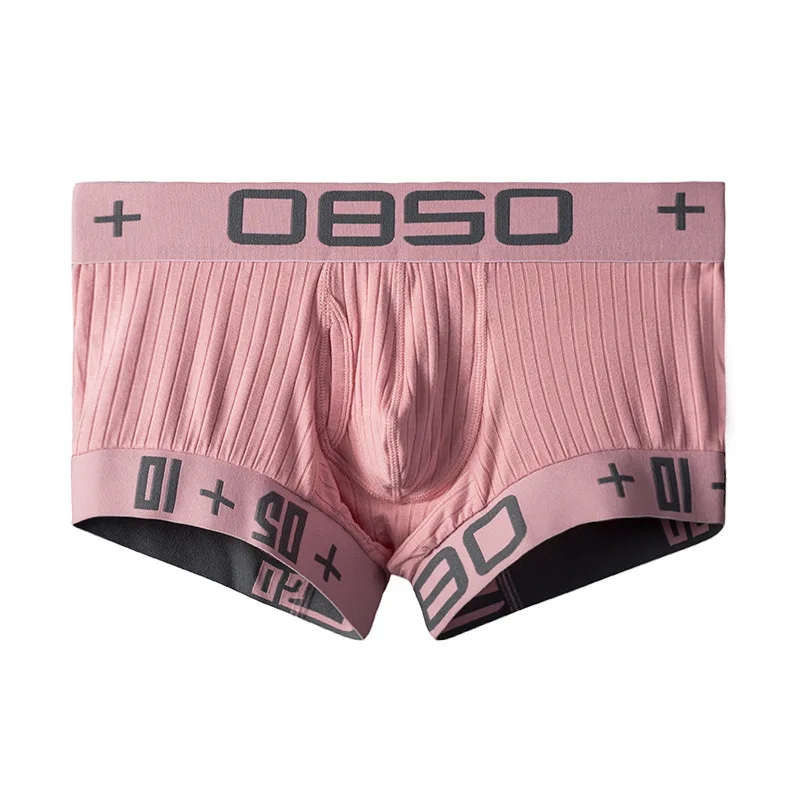 Men's Ribbed Cotton Boxer Briefs Mid-Rise Form-Fitting Breathable Underwear with Printed Waistband Youth Fashion U Pouch Trunks