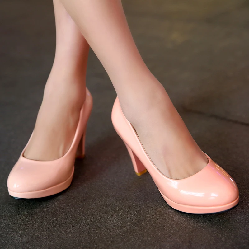 Big Size Women Platform Pumps High Spike Heel Pink White Patent Leather Casual Wedding Party Office Lady Round Toe Dress Shoes - view 6