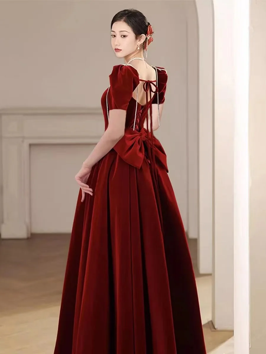 Autumn Winter Burgundy Velvet Bride Wedding Dress Qipao Retro Palace Style Evening Party Dress Pleated Dress Sexy Maxi Dress