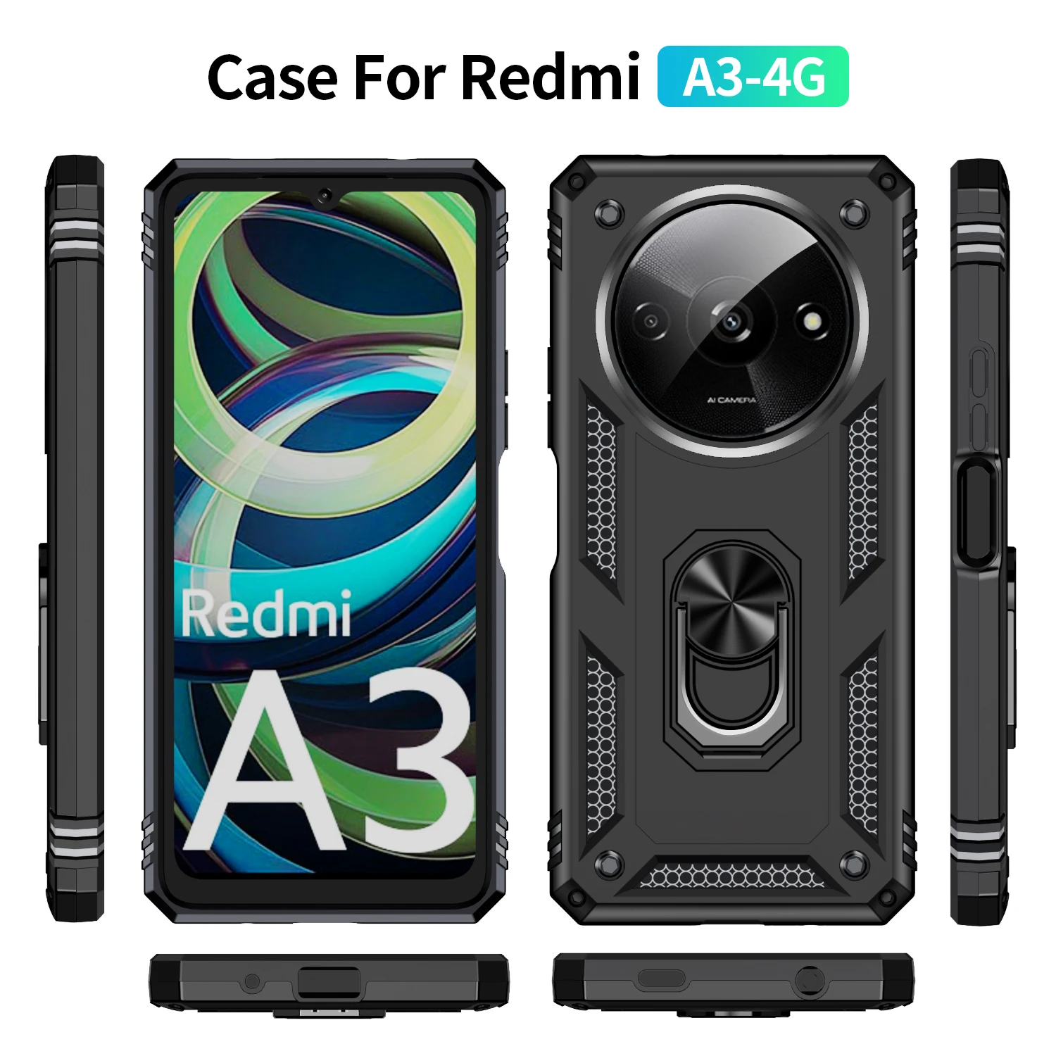 Shockproof Armor Case Phone Case for Redmi A3 14C 13C 12C 10C Ring Stand Bumper Silicone Phone Back Cover