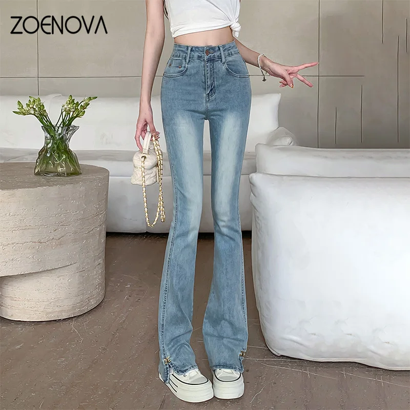 

ZOENOVA Korean Street Casual Fashion Cool Girl Y2K Retro Boot Cut Pants Summer New Slim Small Slit Stretch Flared Jeans Female