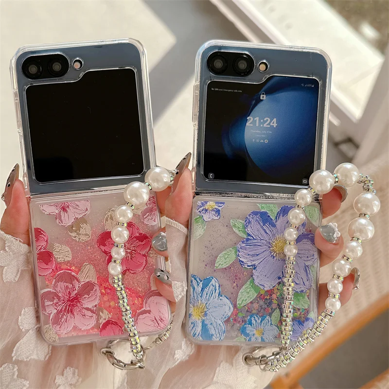 

Dynamic Glitter Liquid Quicksand Flower Flip Case For Samsung Galaxy Z FLIP 6 5 Luminous Phone Cover for z flip4 3 pearl Lanyard