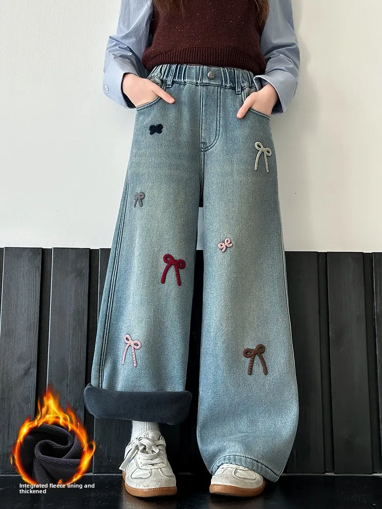 Pantalones vaqueros de mezclilla de pierna ancha con forro de Fce para niñas Otoño Invierno Sle pantalones casuales de algodón de cintura alta para niñas adolescentes