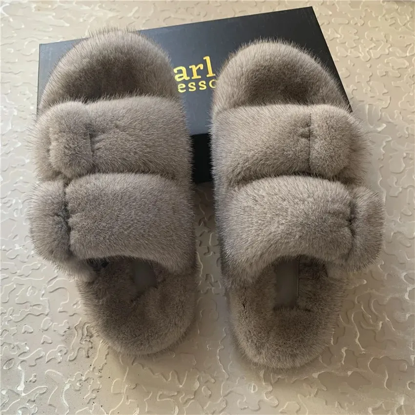 2024 Women\'s Fur Slippers 100% Real Mink Fur Slippers Women Slippers Open Toe Lasies Fur Slide Flat Heel Fashion Luxury Fur Shoe