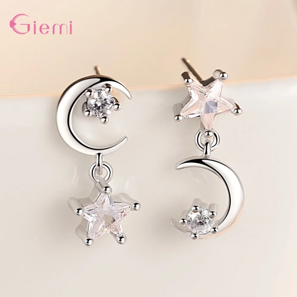 

Creative 925 Sterling Silver Asymmetry Moon Star Zircon Crystal Stud Earrings for Women Anniversary Party Fashion Jewelry Gifts