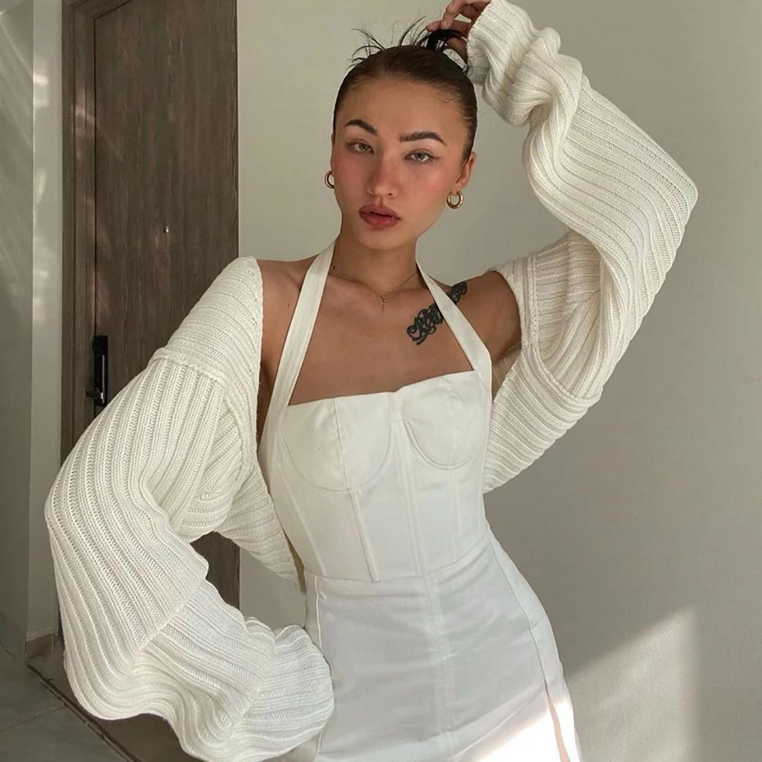 Top feminino de malha com manga cortada e detalhes canelados, gola xale grande, moda outono inverno