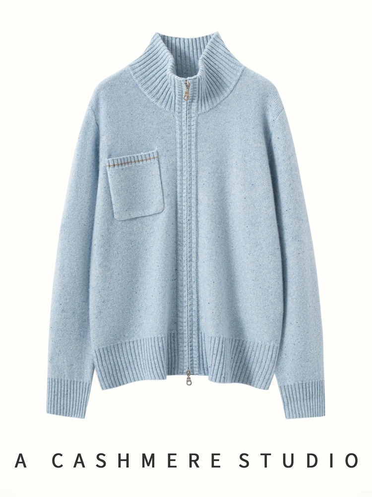 

Women Cashmere Sweater Autumn Winter Mock Neck Cardigan Double Zippers Color Dots Pocket Decoration 100% Cashmere Knitwear Tops