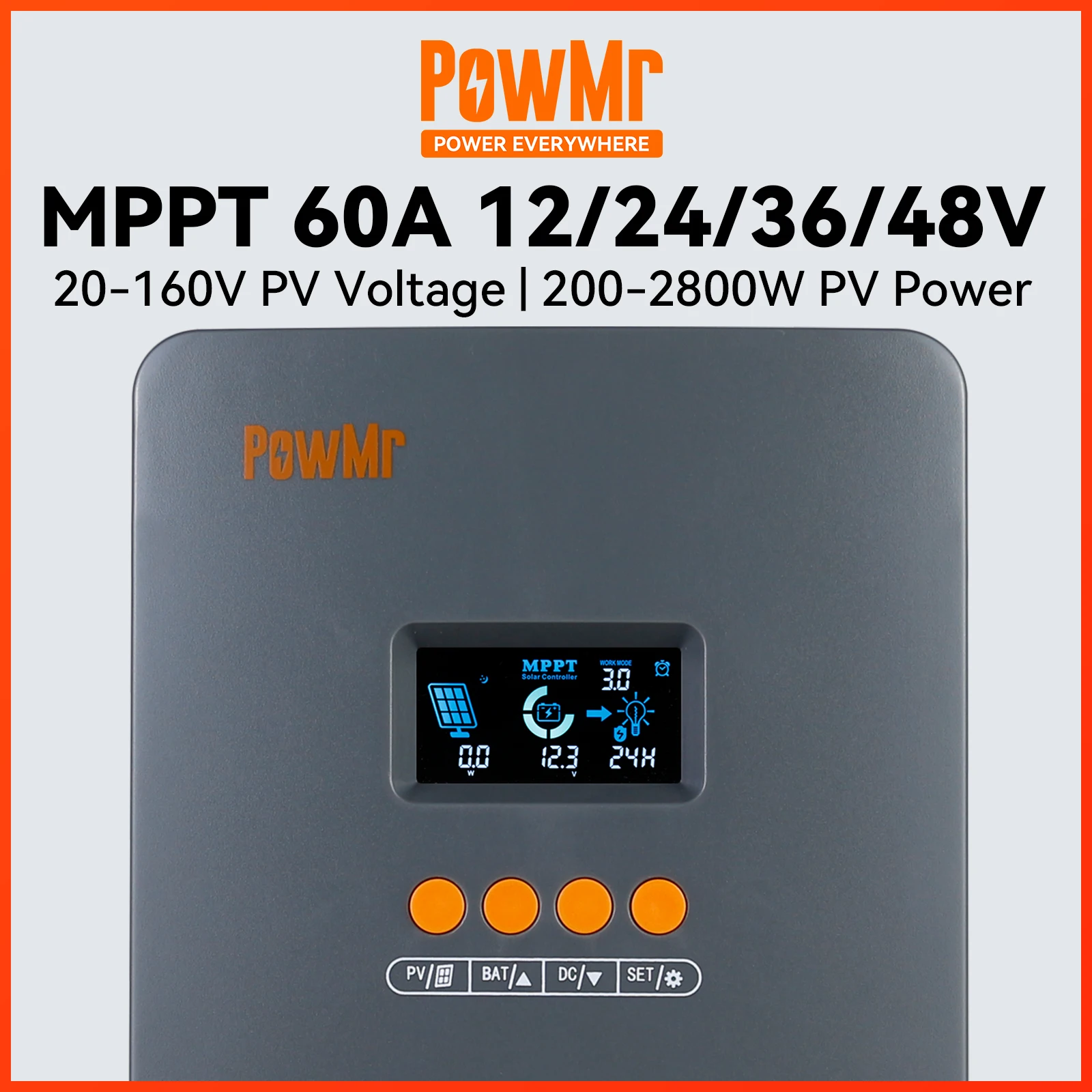 PowMr MPPT 60A Solar Charge Controller 12V 24V 36V 48V Battery Regulator For Lithium, LiFePo4, Lead-Acid, Gel Battery