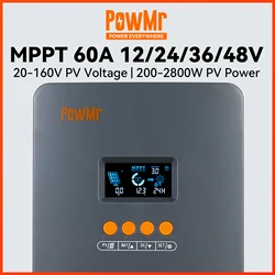 PowMr MPPT 60A Solar Charge Controller 12V 24V 36V 48V Battery Regulator For Lithium, LiFePo4, Lead-Acid, Gel Battery