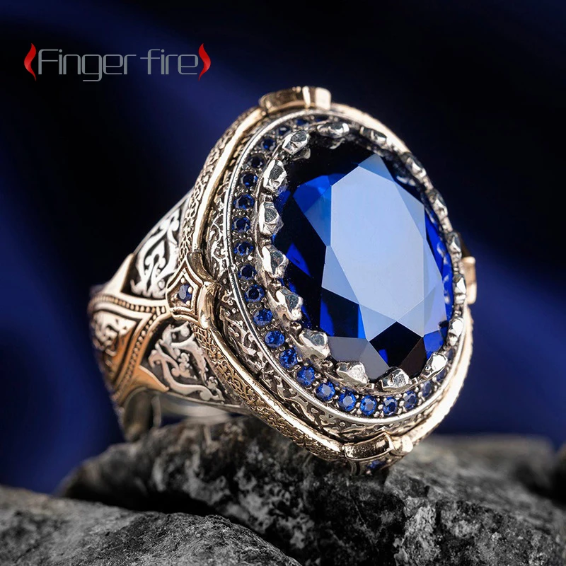 

Vintage Silver Plated Boutique Blue Textured Engraved Women Ring Anniversary Gift Beach Party Noble Jewelry
