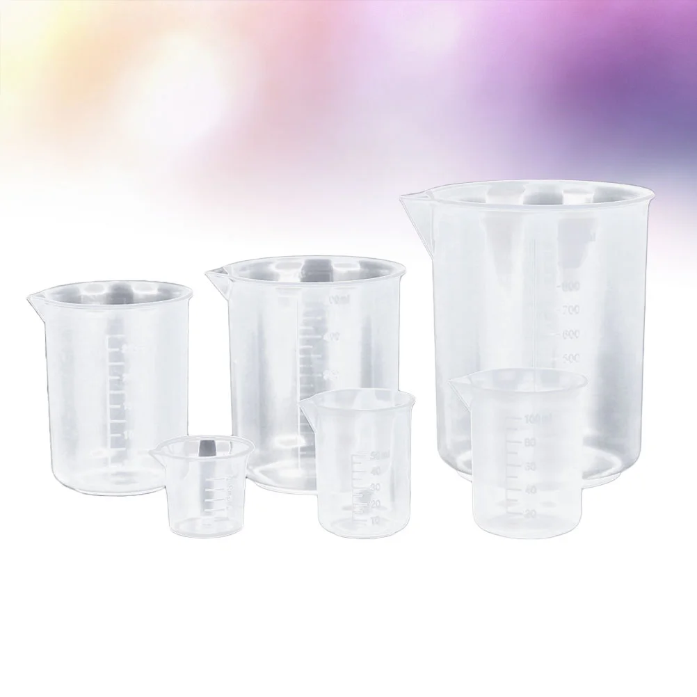 

5pcs Plastic Beaker Graduated School Measuring Cup Chemistry Beaker (50mL+100mL+250mL+500ml+1000mL)