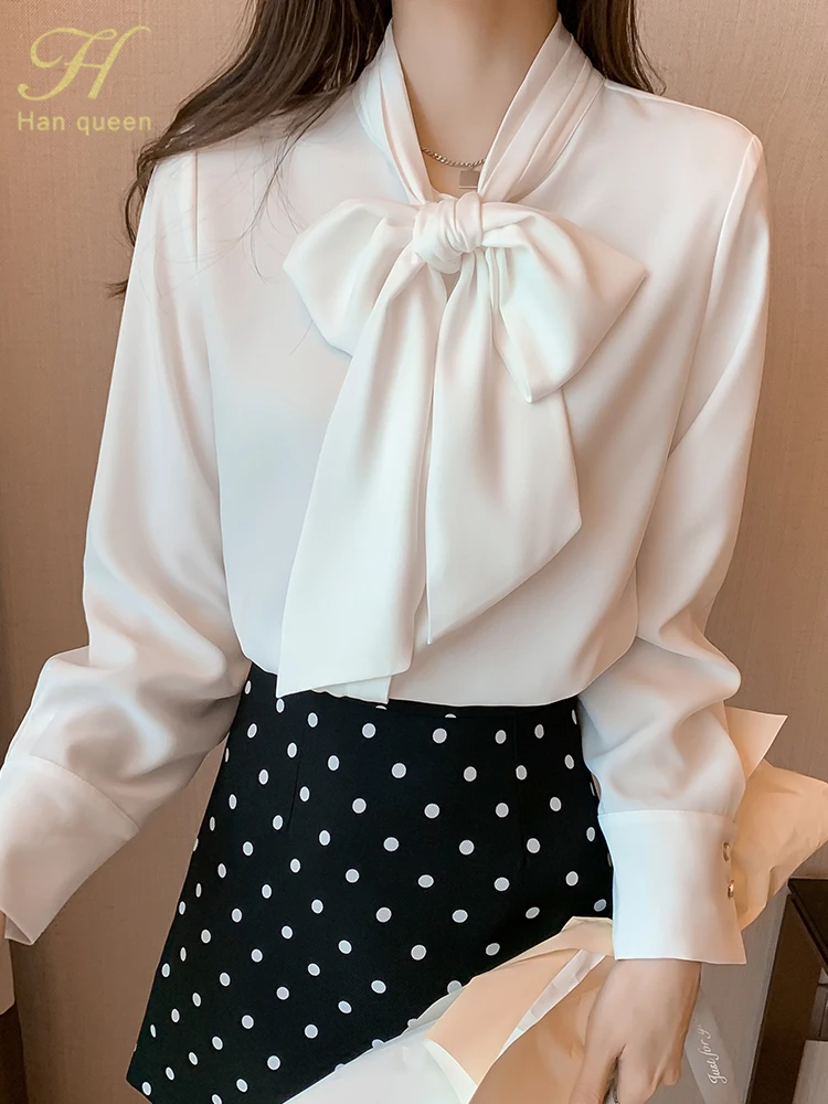 H Han Queen Spring Autumn Simple Office Lady Blouse Female Shirt Bow Tops Long Sleeve Casual Korean OL Style Loose Blouses Women