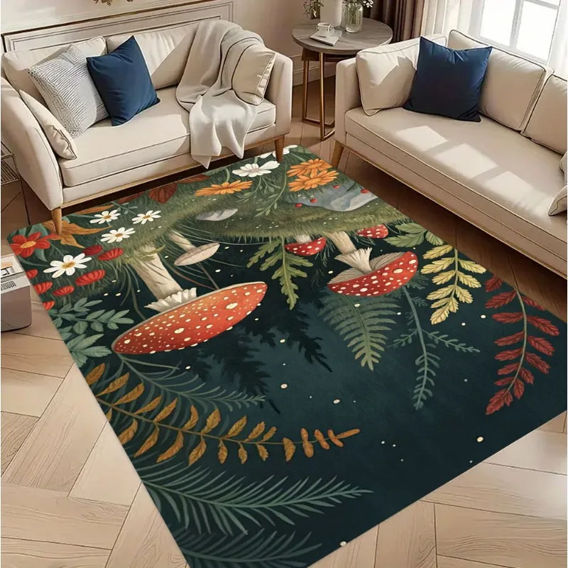

Enchanted Forest Mushroom Pattern Area Rug Dark carpet Bedroom Room bed blanket Green Floormat Ideal for Living Room Decor