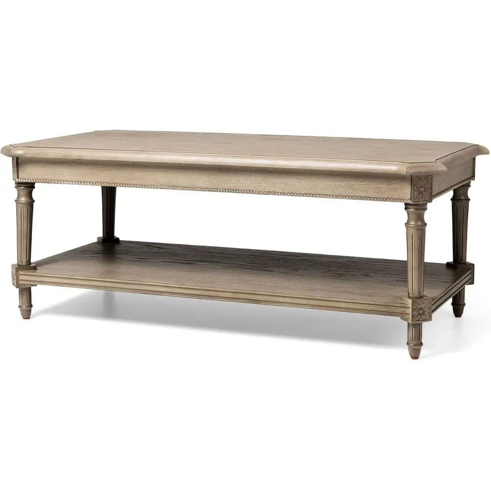 

Двухуровневый деревянный журнальный столик в винтажном стиле с серой отделкой под старину и полками для хранения