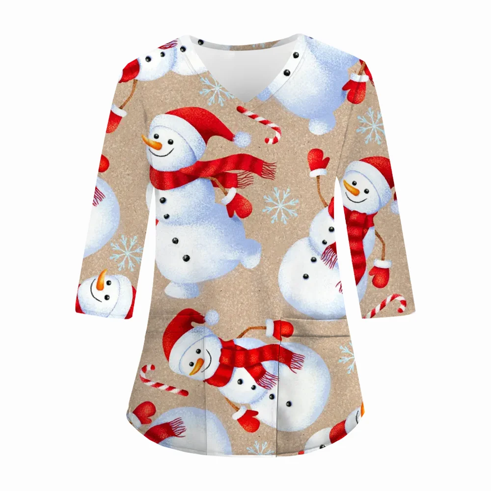 Christmas Surgical Uniforms Woman Snowman Cartoon Print Fall Health Care Micro-Stretch V-Neck Long Sleeve Nurse Uniform Woman