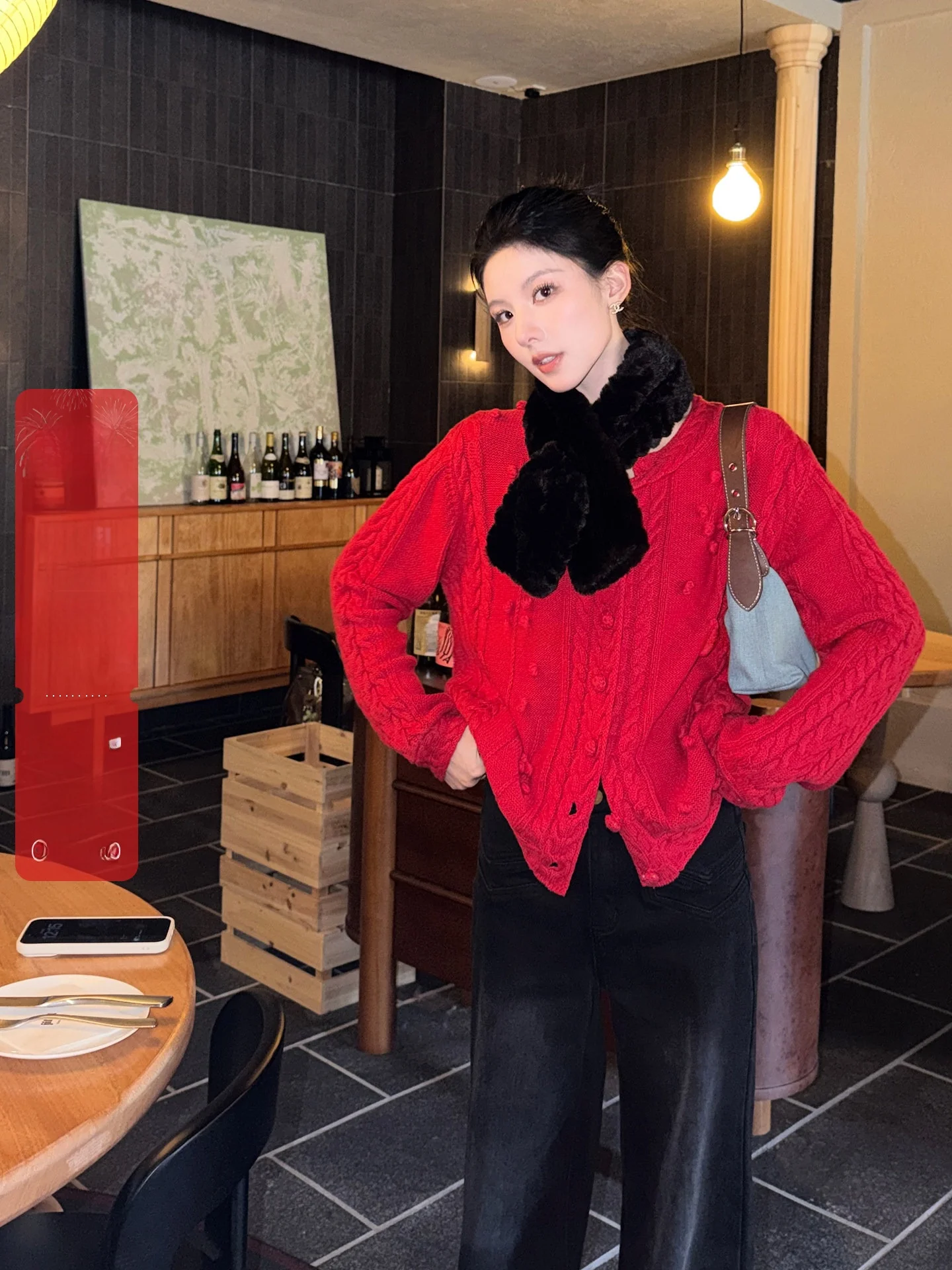 

Red Berry Sweet New Year's Knitted Sweater Coat Single Button round Neck Open Cardigan Soft Cotton Long Sleeve Women's Top