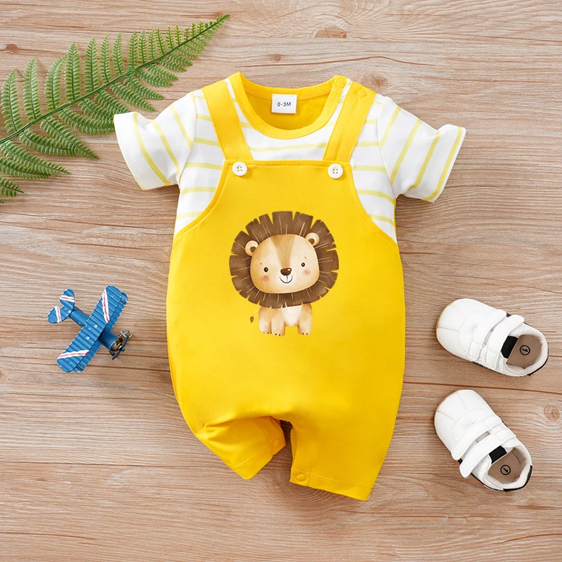 Newborn baby fake two-piece strap Lion King soft, comfortable and cute round-neck jumpsuit