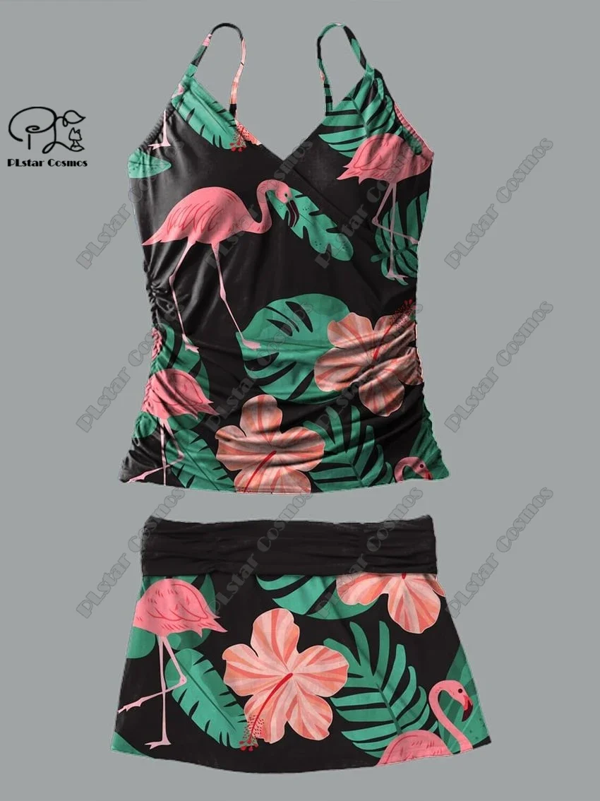 Traje de baño de dos piezas con cuello en V para mujer, falda con tirantes y estampado 3D de flores y flamencos, para vacaciones y viajes, novedad de H-4