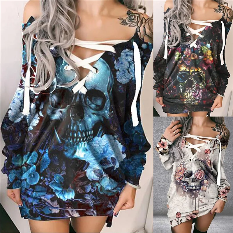 

Fashion Vintage Skull Rose Print Dress Vestidos Autumn Winter Long Sleeve Lace Up Gothic Dress Robes Femme Sweatshirt Dresses