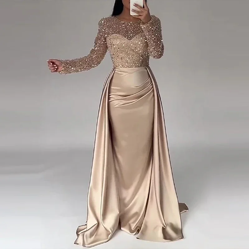 

Elegant Sequin Patchwork Slim Banquet Dress Lady Temperament Long Sleeved Pleated A-line Dress 2025 New Year Women Evening Dress