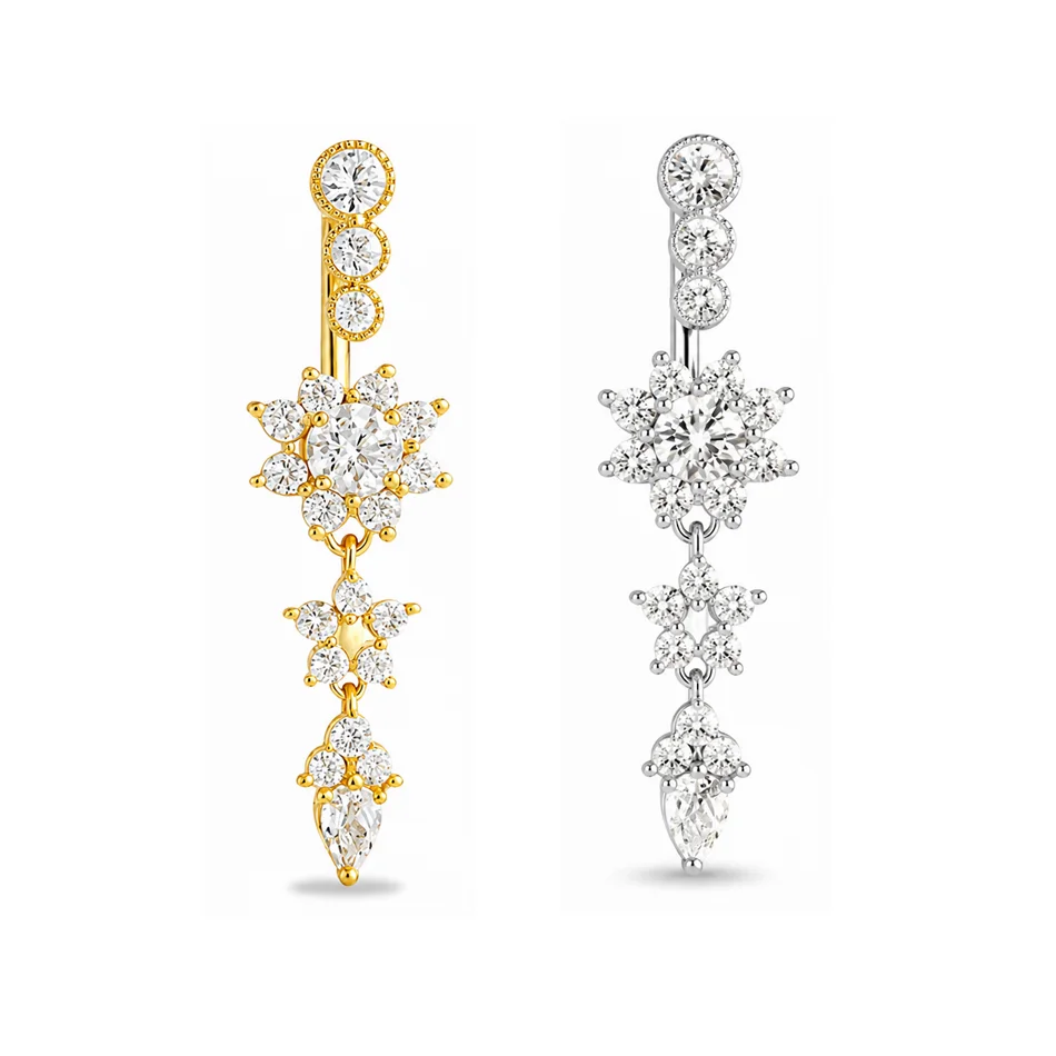 Women's Crystal Flower Navel Piercing Jewelry Body Dangle Barbell Bar Belly Button Ring 8mm 12mm 14mm 16mm Titanium Navel Curve