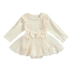 Newborn Baby Girl Bodysuit Dress Autumn Clothes Long Sleeve Flower Bow Tulle Patchwork Jumpsuit for Kids Baby Items Clothing