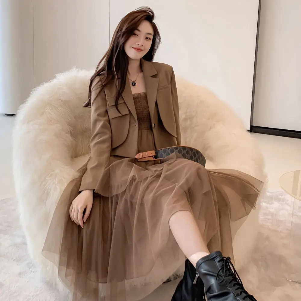 

Women Work Clothing 2 Piece Dress Set 2024 Spring Autumn Korean Office Lady Graceful Blazer Dresses Outfit Suit Jacket Q322