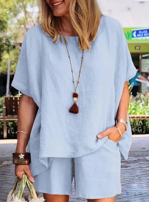 

Loose Casual Solid Short Suit For Women Elegant Round Neck Short Sleeve Top Elastic Waist Shorts Two Piece Set 2024 Summer New