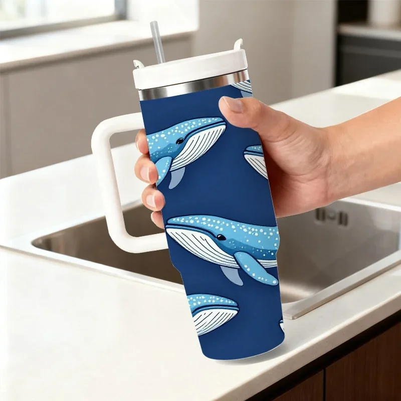 40oz Dark Navy Base Cartoon Blue White Spotted Whale Print Insulated Stainless Steel Travel Tumbler With White Handle Straw Lid Large Thermal Cup