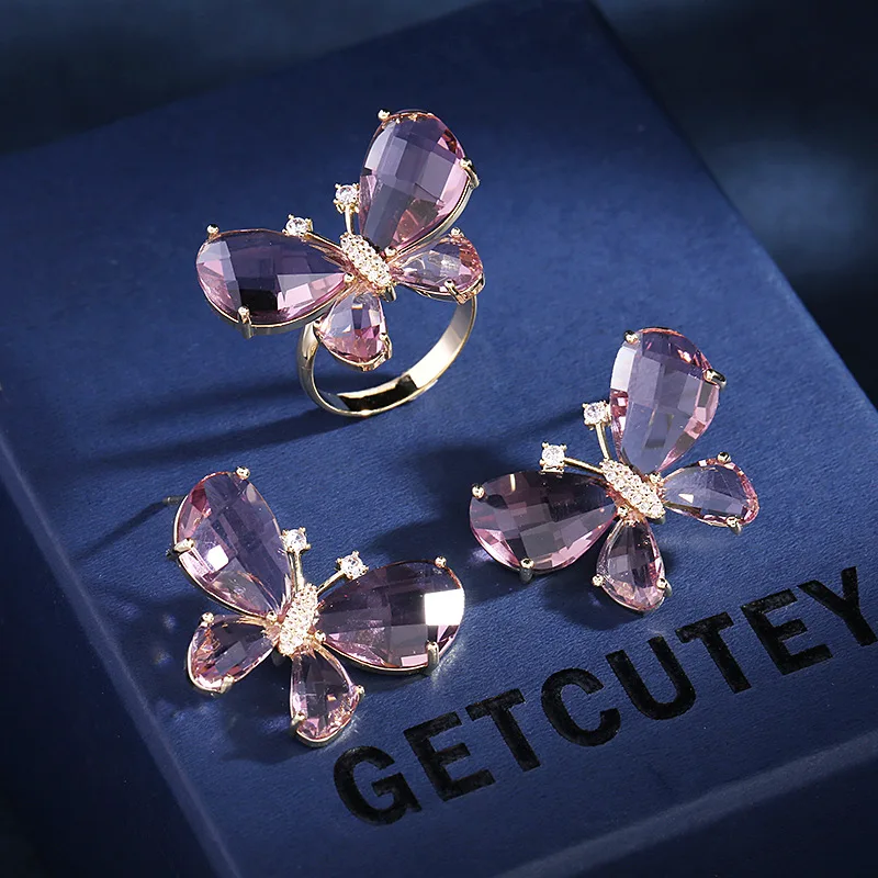 スタイリッシュで多用途なイヤリング、トレンディなクリスタルジルコンバタフライオープニングリングスタッドセット