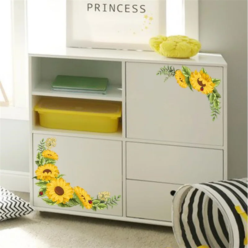 

High Quality Yellow Sunflower Window Oblique Sticker Blue Sunflower Wall Sticker PVC Cabinet Decorative Flower Wall Sticker