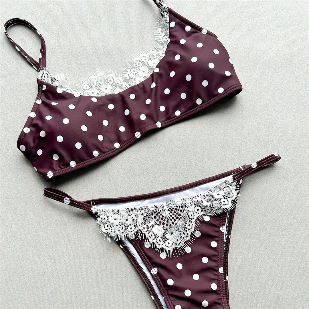 Polka Dot Splicing Spitzen-Bikini Damen-Badeanzug Zweiteiliger Bikini-Set mit hohem Beinausschnitt Badeanzug V8452 – Detail 11