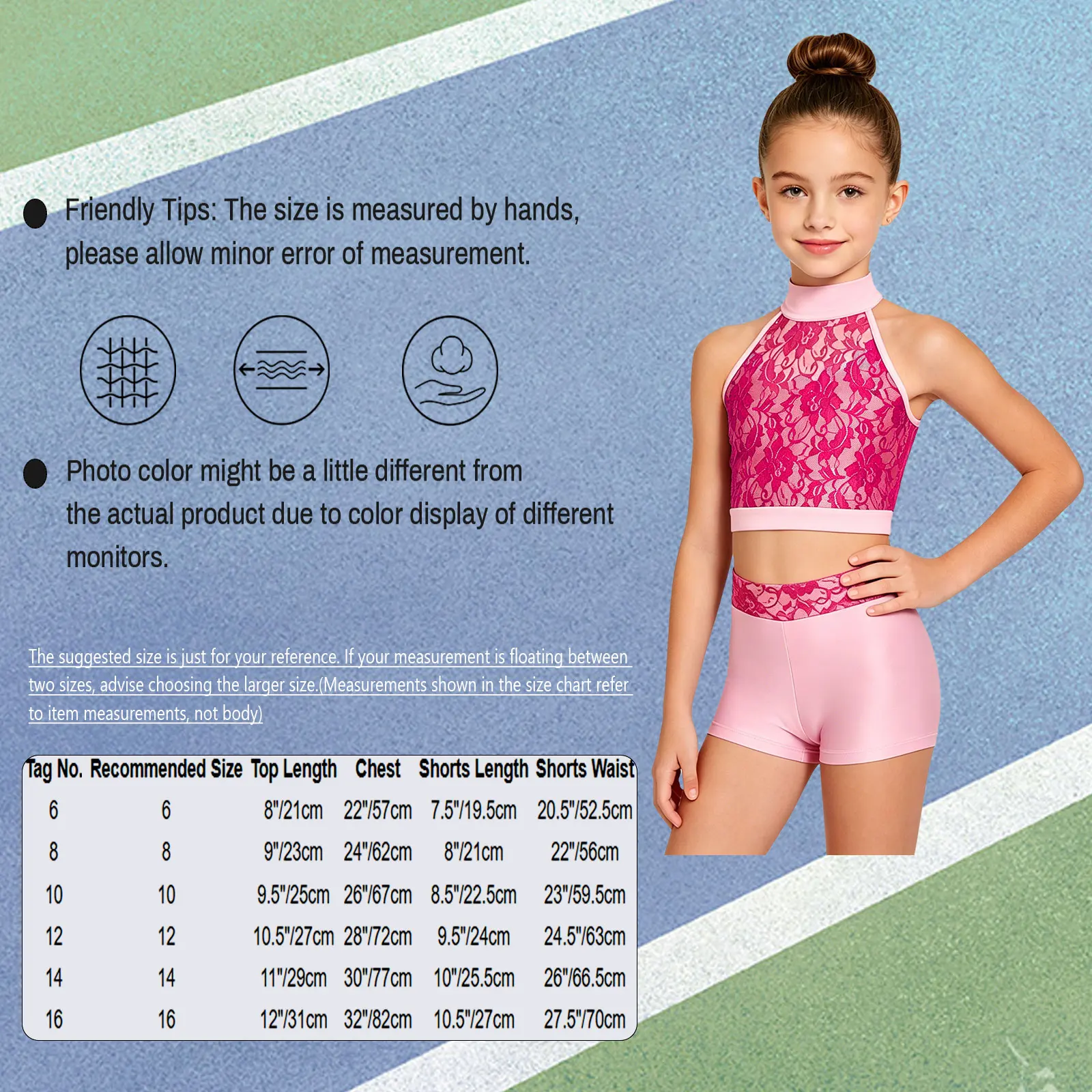 Kids Girls Figure Skating Gymnastics Dance Outfit Sleeveless Lace Crop Top With Elastic Waist Shorts Set for Stage Performance