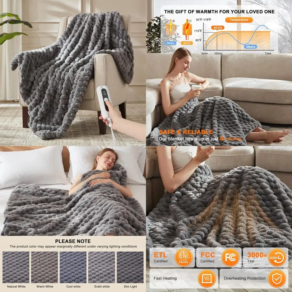 

6-Setting 3D Jacquard Electric Throw Blanket, Auto-Off, Machine Washable, 50x60 Grey