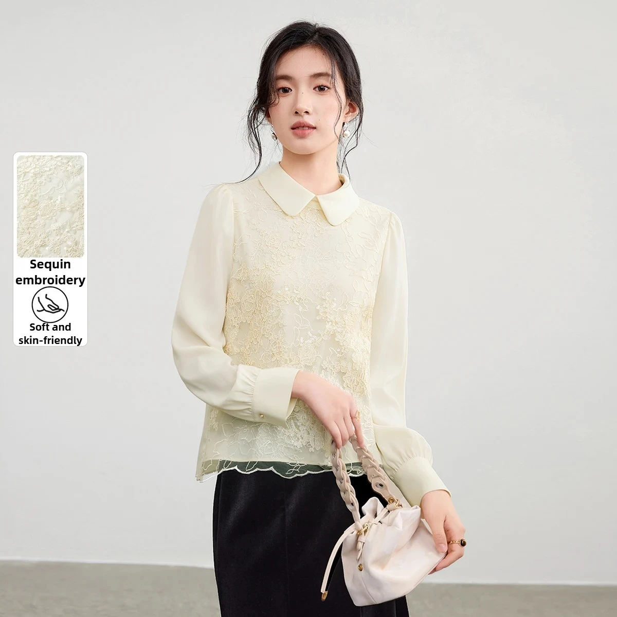 SENTUBILA Women's Bead Embroidered Blouse 2025 Autumn Turn-down Collar Wavy Edge Shirt Gentle Elegant Temperament Top 153VA2611