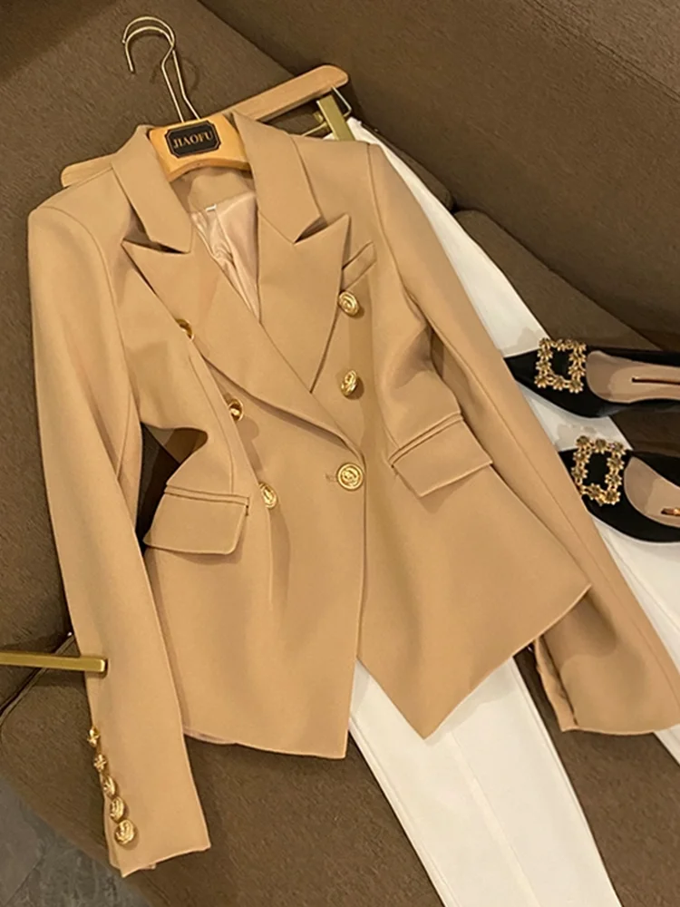 HIGH STREET Newest 2024 Designer Jacket Women\'s Classic Lion Buttons Double Breasted Slim Fit Blazer Brown