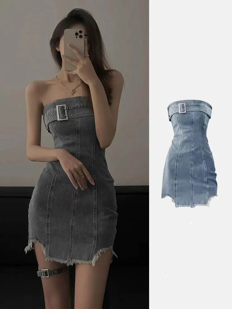 

Summer American retro pure desire spicy girl denim strapless dress, niche design sense, explosive street A-line short skirt