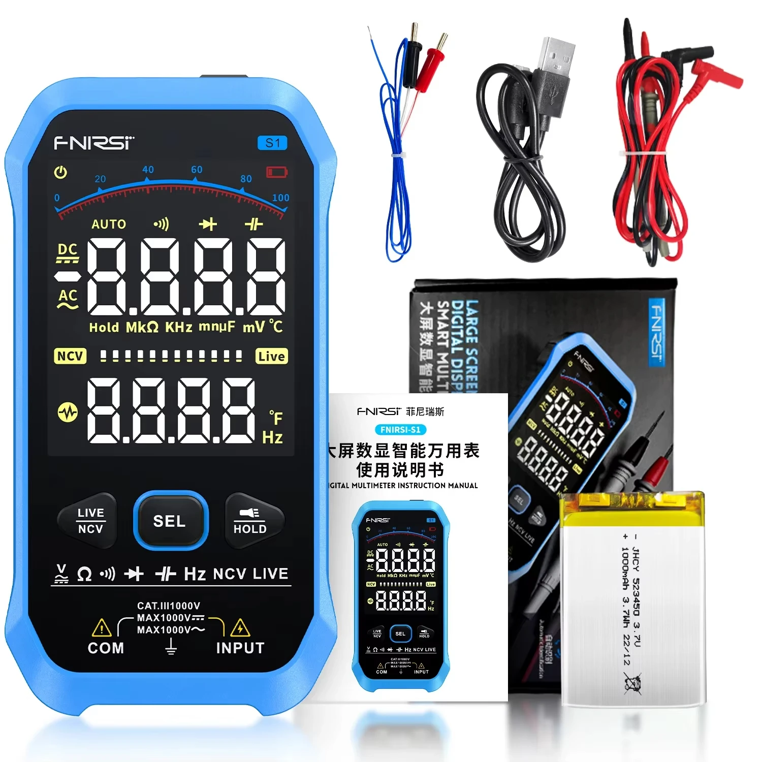 9999 Counts Digital Voltage and Current Tester True RMS AC DC Auto Range Resistance Capacitance Diode NCV Hz Live Wire S1