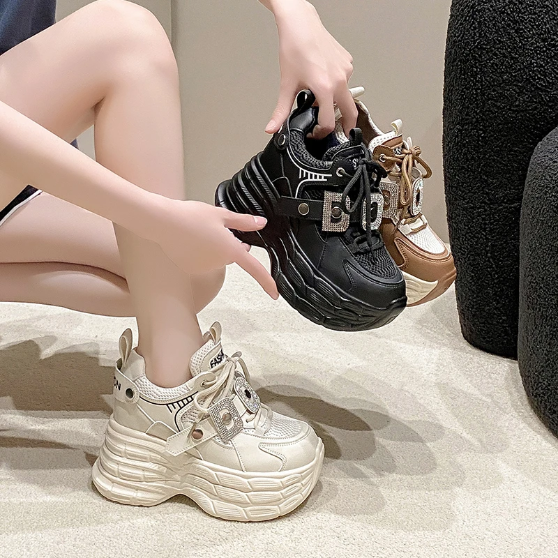 New Women Chunky Sneakers Luxury High Top Bling Leather Shoes Platform Casual Shoes Woman Outdoor Sports Sneakers Tenis De Mujer