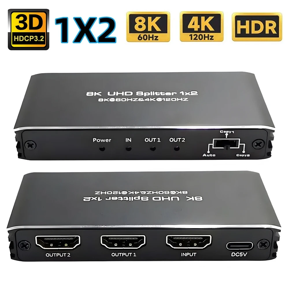 8K 60Hz HDMI-compatible Splitter 1 In 2 Out 4K 120Hz HDMI-compatible 2.1 Dolby Vision Atmos ALLM HDR VRR for PS5 XBOX PC Monitor