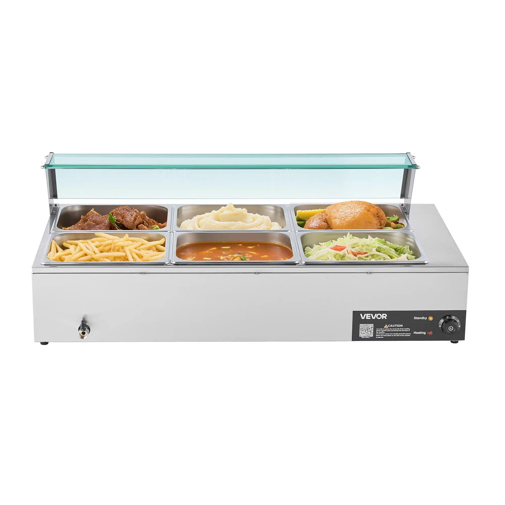 

Adjustable Temperature Food Warmer 1500W 6x1/2 Pans 5.9in Depth Stainless Steel Steam Table with Glass Cover and Ladles