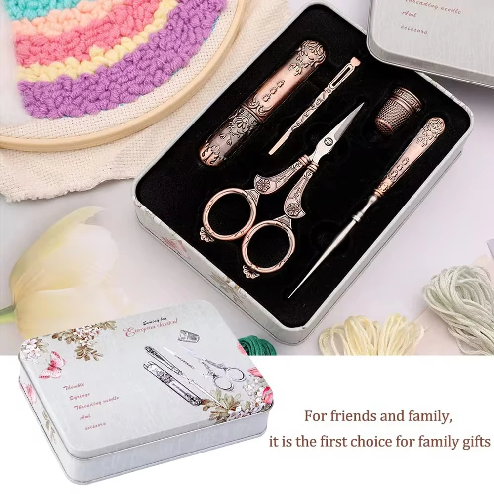 European Retro Five-Piece Pointy Scissors Combination Scissors Set Carved Classical Scissors Wedding Sewing Box