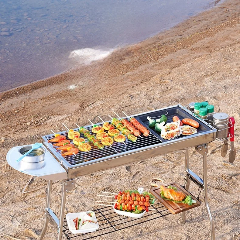 outdoor-portable-barbecue-grill-thickened-no-smoke-stainless-steel-pull-rod-luggage-cover-barbecue-oven-lightweight-grill