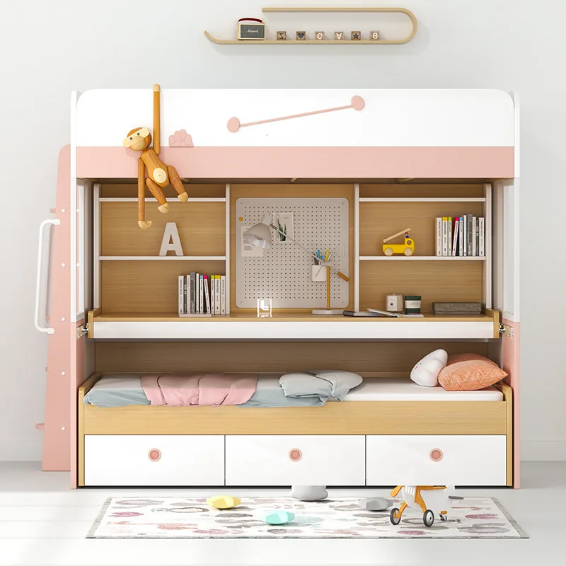 High and low small apartment with upper and lower bunk with desk integrated multi-functional combination bed