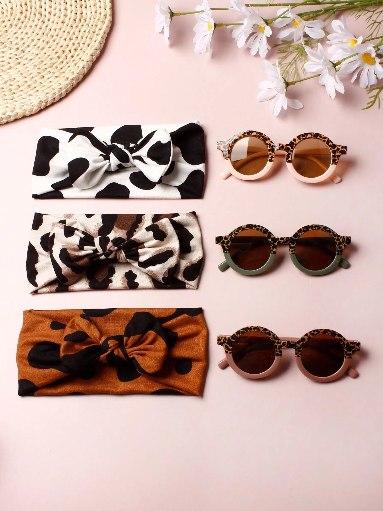 

3pc Leopard Print Kids' Headbands + 3 Pairs Matching Sunglasses Set baby hair accessories