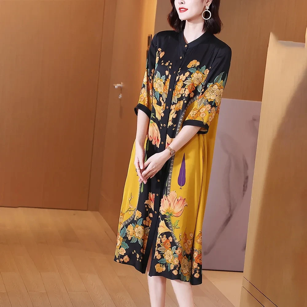 Temperament Silk Dress 2024 Spring Summer New Loose Large Size Long Dresses Women High End Fashion Printed Maxi Dress Vestidos